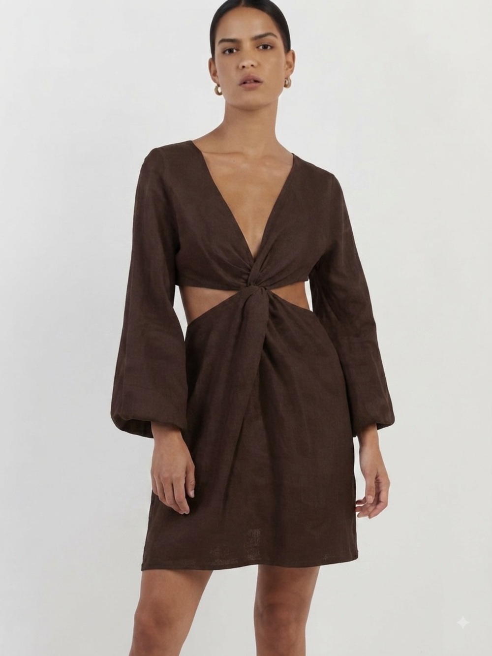 Dissh Sz 10 Brown Linen Twist Cut Out Open Back Puff Sleeves Dress